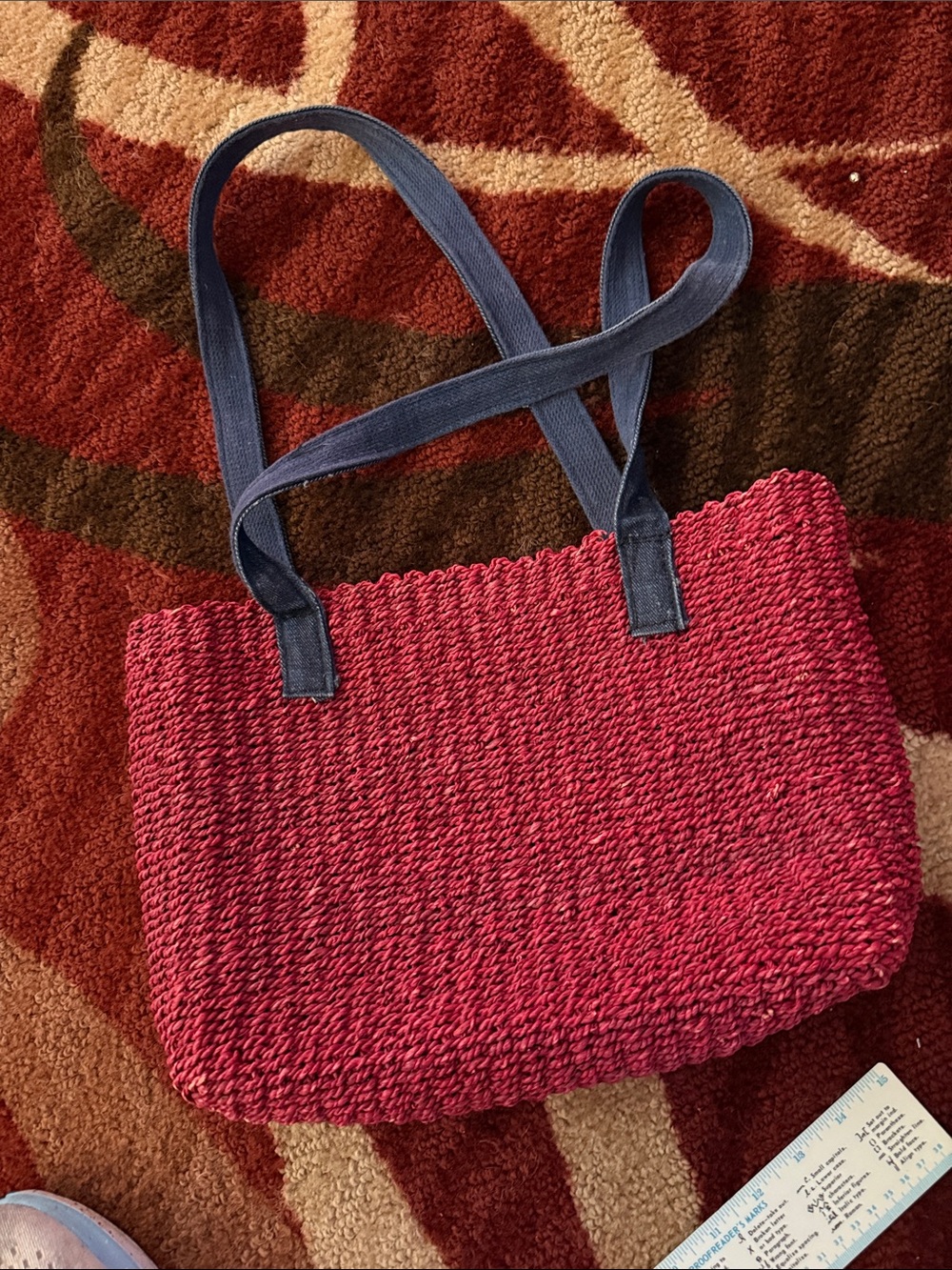 Women’s Pink Woven Tote Bag with Navy Straps